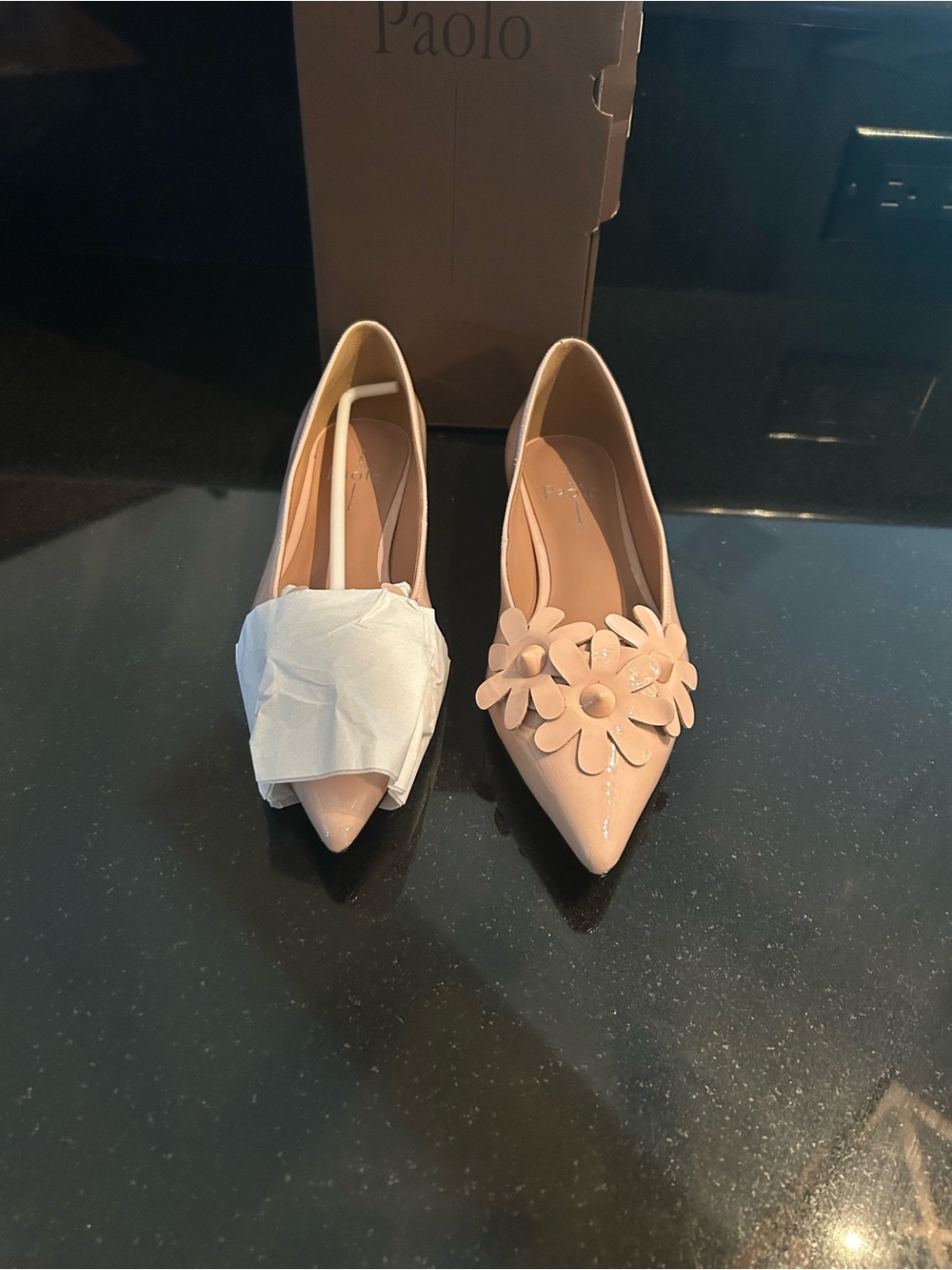 Paolo Women's Pointed Toe Floral Applique Flats in Nude Pink